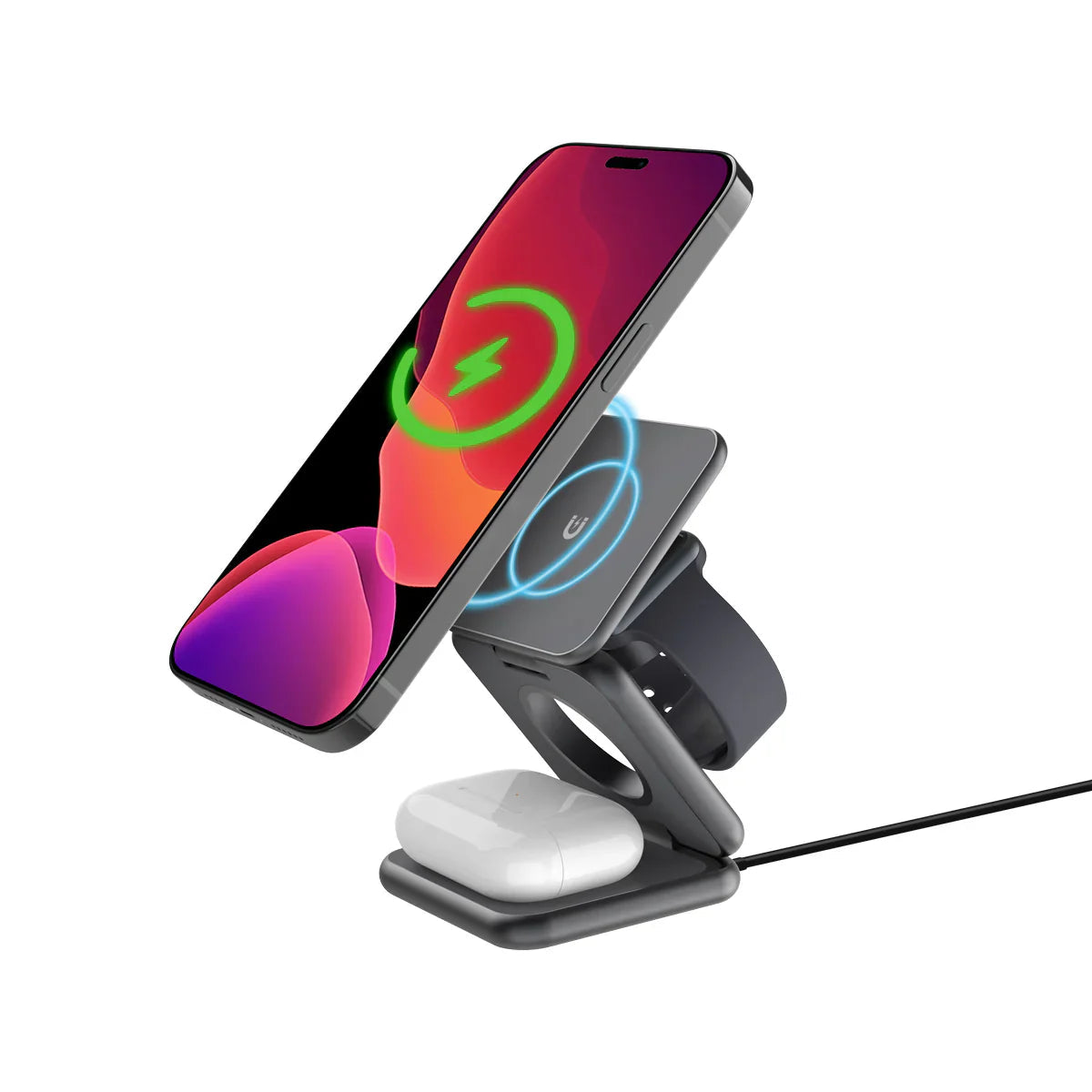 Novexa™ Manyetik 3-ü-1 Kablosuz Şarj Standı – iPhone, Apple Watch & AirPods Uyumlu